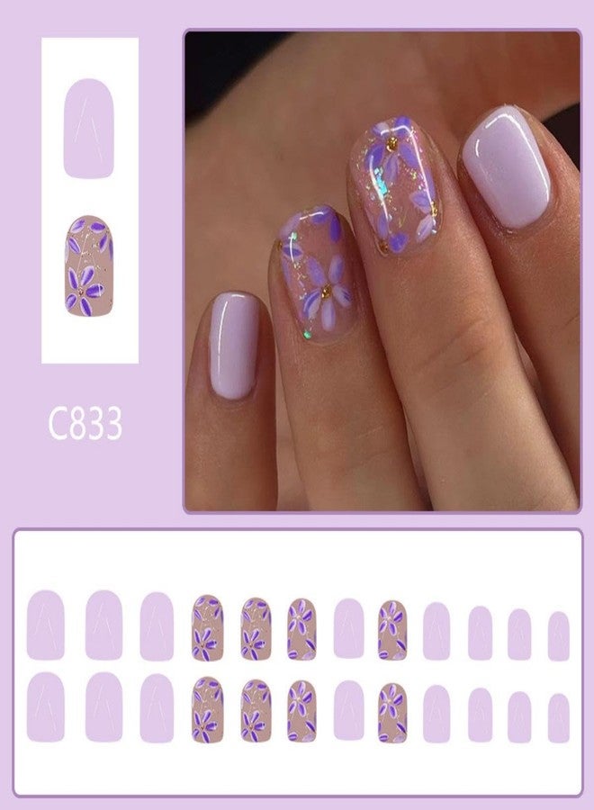 Sevgob Purple Press on Nails Short Square Fake Nails with Lilac Flower Design Floral Glue on Nail Glossy Glitter Spring Nails Reusable Summer False Nail for Women Daily Wear Manicure 24pcs - Image 2